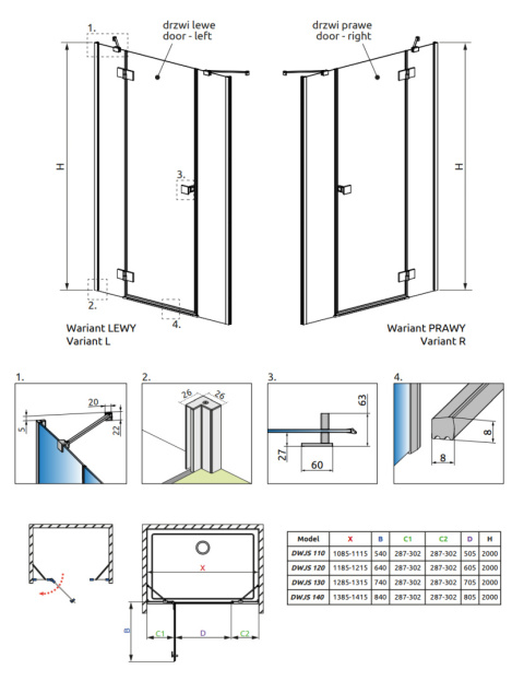 Radaway Essenza New DWJS drzwi prysznicowe 80,5 cm prawe chrom/szkło przezroczyste 1385033-01-01R