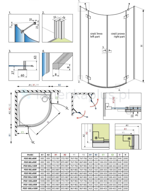 Radaway Essenza New PDD kabina prysznicowa część prawa 90x90 cm półokrągła 1385001-01-01R