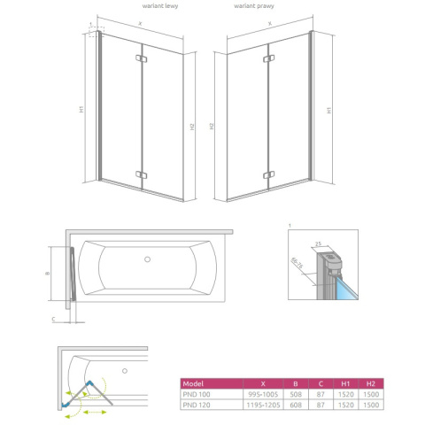Radaway Fuenta New PND parawan nawannowy 120 cm prawy 208212-01R