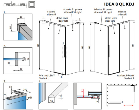 Radaway Idea 8 QL XL KDJ drzwi prysznicowe 56,7 cm rozsuwane chrom połysk/szkło przezroczyste 10560567-01-01R