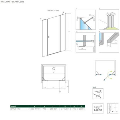 Radaway Nes 8 Black DWJS drzwi prysznicowe 79 cm prawe czarny mat/szkło przezroczyste 10084790-54-01R