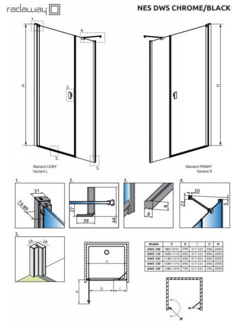 Radaway Nes DWS drzwi prysznicowe 110 cm wnękowe lewe chrom/szkło przezroczyste 10028110-01-01L