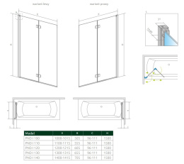 Radaway Nes PND I parawan nawannowy 140 cm 2-częściowy chrom połysk/szkło przezroczyste 10010140-01-01R