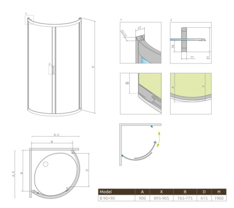 Radaway Premium Plus B kabina prysznicowa 90x90 cm półokrągła chrom/szkło fabric 30473-01-06N