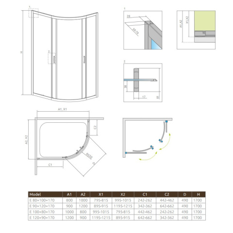Radaway Premium Plus E 1700 kabina prysznicowa 100x80 cm półokrągła asymetryczna chrom/szkło grafitowe 30481-01-05N