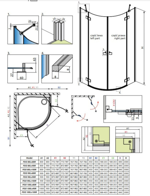 Radaway Essenza New PDD kabina prysznicowa część prawa 80x80 cm półokrągła 1385002-01-01R