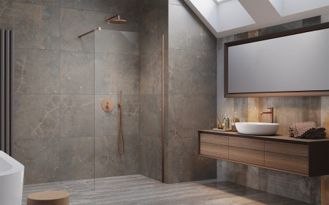 Radaway Modo New Brushed Copper II Walk-In ścianka 95 cm wolnostojąca miedź szczotkowana/szkło przezroczyste 389095-93-01