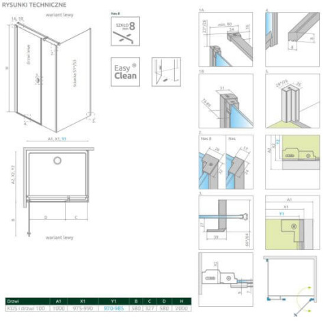 Radaway Nes 8 Black KDS I drzwi prysznicowe 57,5 cm lewe czarny mat/szkło przezroczyste 10073100-54-01L