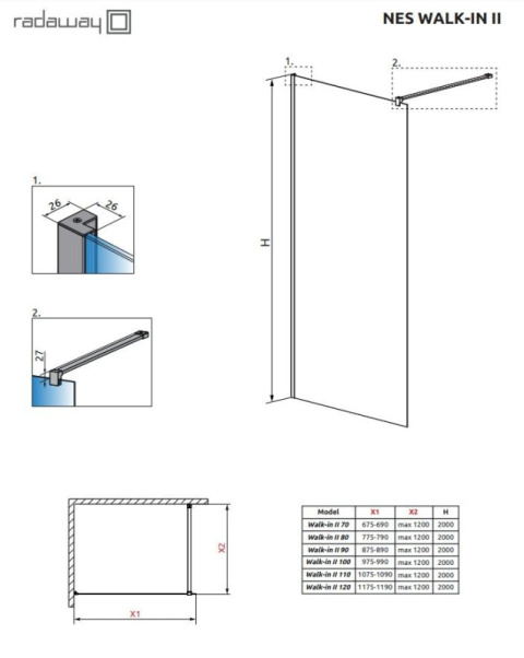 Radaway Nes Black Walk-In II ścianka prysznicowa 110 cm wolnostojąca czarny mat/szkło przezroczyste 10013110-54-01
