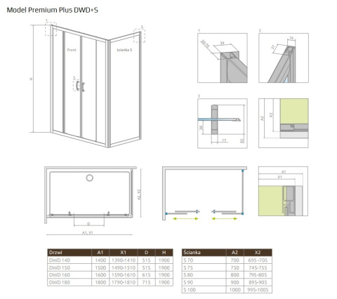 Radaway Premium Plus DWD drzwi wnękowe180 cm chrom/szkło fabric 33373-01-06N