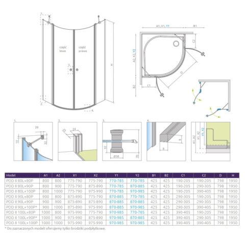 Radaway Eos PDD II kabina prysznicowa część lewa 90x90 cm półokrągła 13799471-01L
