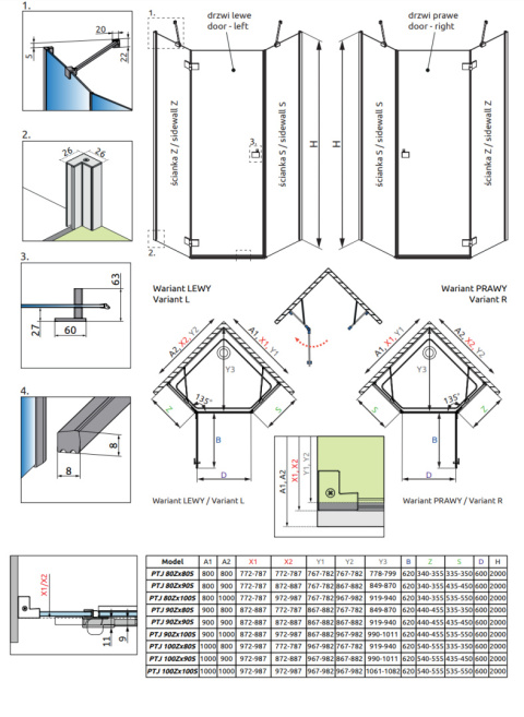Radaway Essenza New PTJ komplet 2 ścianek prysznicowych do kabiny 100x100 cm szkło przezroczyste 1385051-01-01