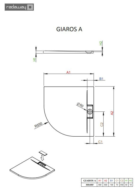 Radaway Giaros A brodzik 90x90 cm półokrągły biały MKGA9090-03