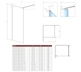 Radaway Modo New Black Frame II Walk-In ścianka prysznicowa 50 cm wolnostojąca czarny mat/szkło Frame 389054-54-56