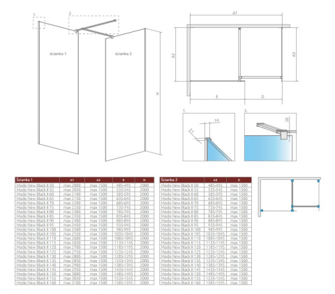 Radaway Modo New II Walk-In ścianka prysznicowa 65 cm wolnostojąca czarny mat/szkło przezroczyste 389065-54-01