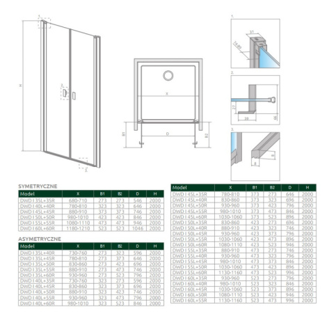 Radaway NES 8 DWD I drzwi prysznicowe 55 cm wnękowe lewe chrom/szkło przezroczyste 10077055-01-01L