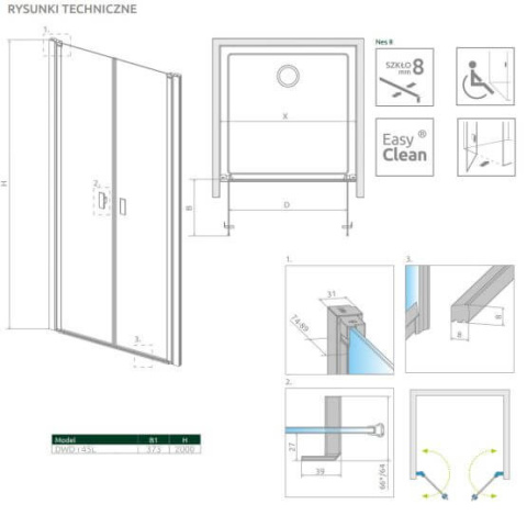 Radaway Nes 8 Black DWD I drzwi prysznicowe 45 cm lewe czarny mat/szkło przezroczyste 10077045-54-01L