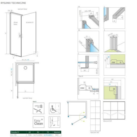 Radaway Nes 8 Black S1 ścianka prysznicowa 70 cm boczna czarny mat/szkło Factory 10089070-54-55