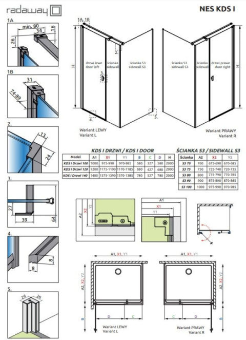 Radaway Nes Black KDS I ścianka prysznicowa 90 cm boczna S1/S3 czarny mat/szkło przezroczyste 10043090-54-01