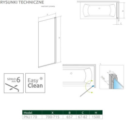 Radaway Nes Black PNJ I Frame parawan nawannowy 70 cm prawy czarny mat/szkło Frame 10011070-54-56R