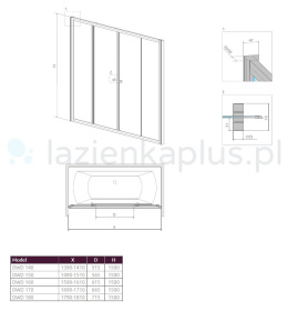 Radaway Vesta DWD parawan nawannowy 150 cm z drzwiami przesuwnymi 203150-01