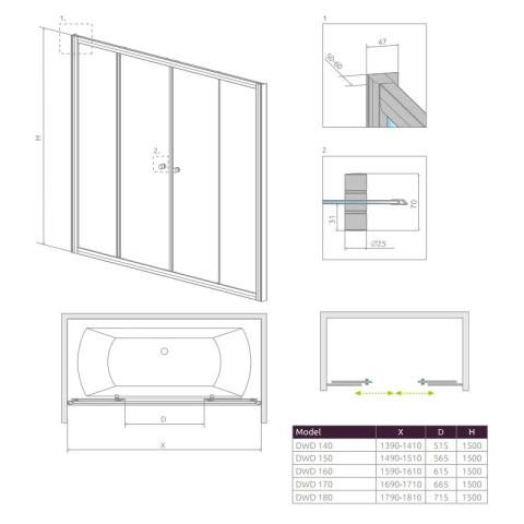 Radaway Vesta DWD parawan nawannowy 160 cm z drzwiami przesuwnymi 203160-01 Radaway Vesta DWD parawan nawannowy 160 cm z drzwiami przesuwnymi 203160-01