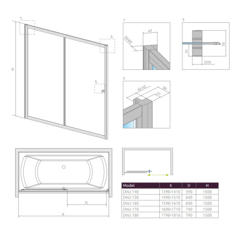 Radaway Vesta DWJ parawan nawannowy 150 cm z drzwiami przesuwnymi 209115-01-01 Radaway Vesta DWJ parawan nawannowy 150 cm z drzwiami przesuwnymi 209115-01-01