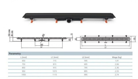 Werit/Jomo JomoTech Exclusive 50 Odpływ liniowy 75 cm z maskownicą Exclusive czarny mat 175-10750500-38