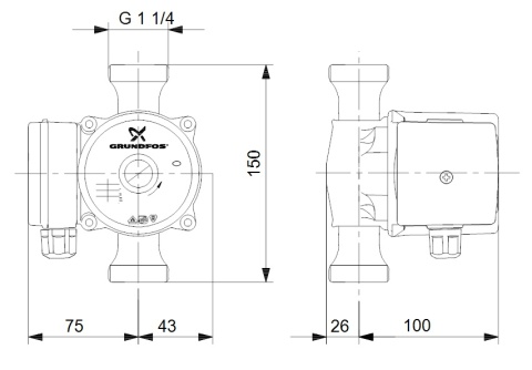Grundfos UP 20-30N 150 Bezdławicowa pompa obiegowa c.w.u, 1x230V, 10bar, PN10 kod 59643500