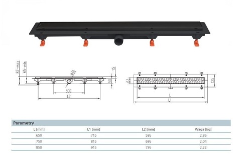 Werit/Jomo JomoTech Exclusive 40 Odpływ liniowy 65 cm z maskownicą 2-stronną Flis czarny mat 175-30650400-38