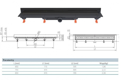 Werit/Jomo JomoTech Exclusive Wall 40 Odpływ liniowy przyścienny 65 cm z maskownicą 2-stronną Flis czarny mat 175-30650401-38