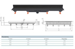 Werit/Jomo JomoTech Exclusive Wall 40 Odpływ liniowy przyścienny 75 cm z maskownicą Classic czarny mat 175-20750401-38