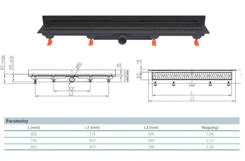 Werit/Jomo JomoTech Exclusive Wall 40 Odpływ liniowy przyścienny 75 cm z maskownicą Classic czarny mat 175-20750401-38
