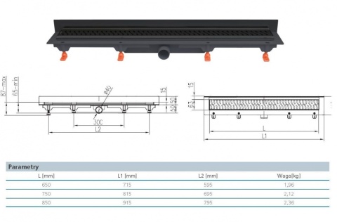 Werit/Jomo JomoTech Exclusive Wall 40 Odpływ liniowy przyścienny 75 cm z maskownicą Exclusive czarny mat 175-10750401-38
