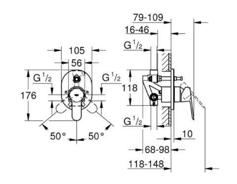 Grohe BauEdge - Bateria podtynkowa do obsługi 2 wyjść wody, z korpusem, chrom 29039000