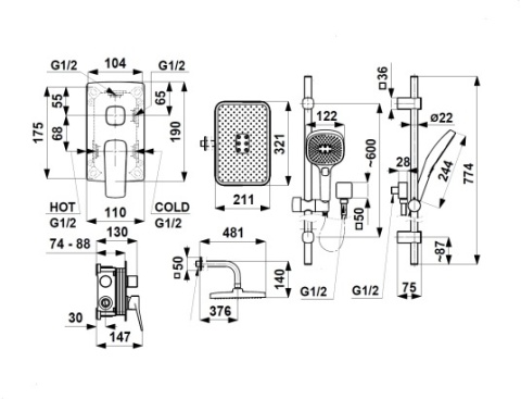 KFA zestaw natryskowy podtynkowy z drążkiem przesuwnym Malaga, czarny 452930181