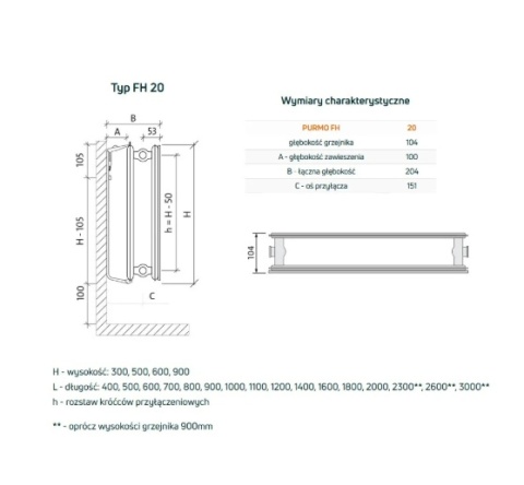 Purmo Plan Hygiene FH20 Grzejnik płytowy 600x500, boczne podłączenie F092006005000300
