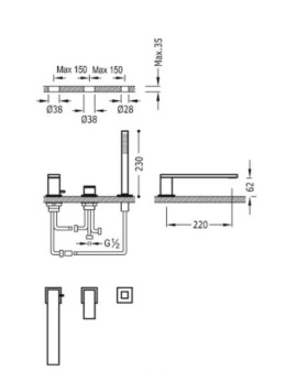 Tres Cuadro Exclusive Bateria wannowa trzyotworowa Matowe złoto 24K 00616103OM