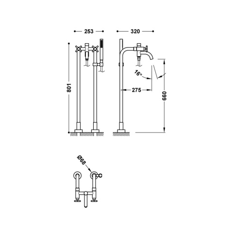 Tres MONTBLANC Bateria dwuuchwytowa podłogowa wannowa i prysznicowa-28319401KMB