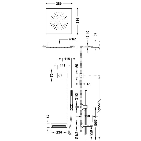 Tres SHOWER TECHNOLOGY Zestaw elektronicznej baterii termostatycznej podtynkowej 3-drożnej Shower technology -09288315NM