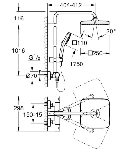 Grohe Tempesta System 250 Cube Zestaw prysznicowy termostatyczny natynkowy z deszczownicą chrom 26689001