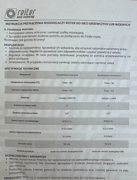 Rozdzielacz ze stali nierdzewnej INOX ogrzewanie podłogowe rozstaw 50 mm 14 obwodów RTR 14