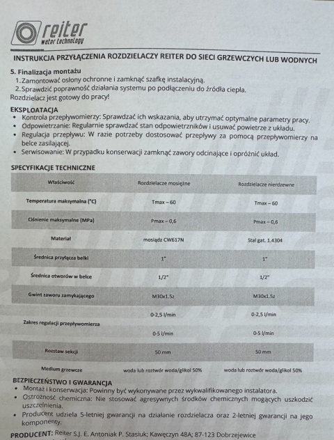 Rozdzielacz ze stali nierdzewnej INOX ogrzewanie podłogowe rozstaw 50 mm 8 obwodów RTR 08